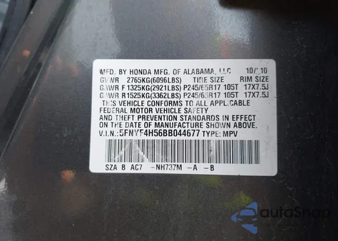 2011 Honda Pilot Ex-L from USA, damaged, VIN 5FNYF4H56BB044677
